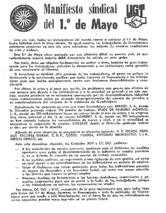 Manifiesto sindical de CCOO y UGT. ante el 1º de Mayo de 1981//Cortesía: Félix Hernández Arroyo.