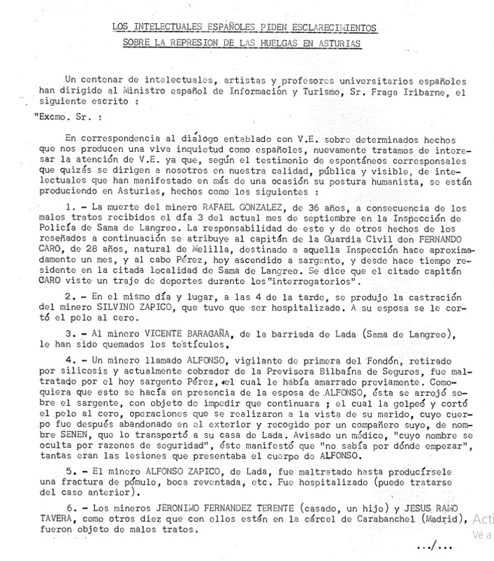 Primera página del texto de denuncia de las torturas a los mineros asturianos suscrito en 1962 por más de doscientos profesionales de la cultura. Fuente: https://archivomunicipal.betanzos.net