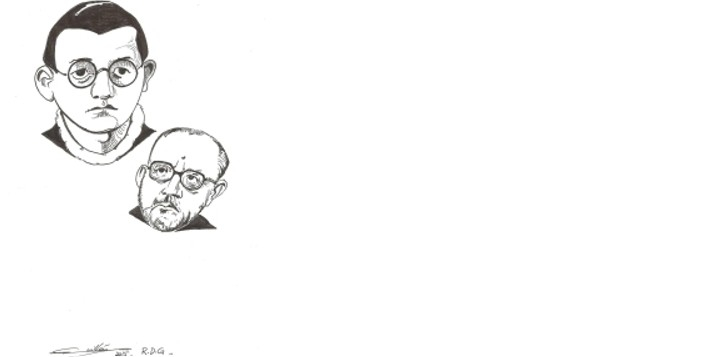 El poeta Ramón de Garciasol, en las dos etapas de su vida. La primera como Miguel Alonso Calvo. Dibujo: Pif. Fuente: https://memoriaguadalajara.es/