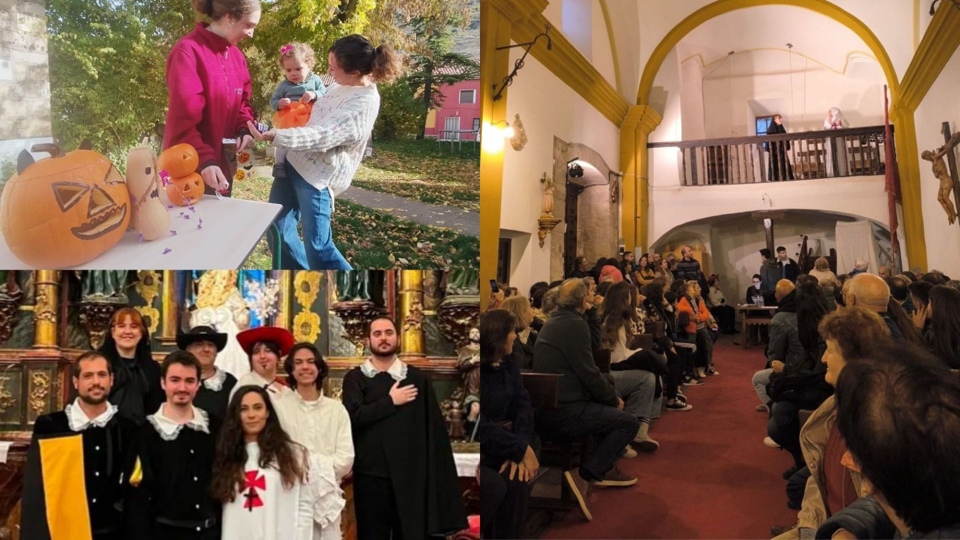 Actores del grupo Teatreros, aspecto de la iglesia de Ablanque e ilusión de los más pequeños con las calabazas de Saelices