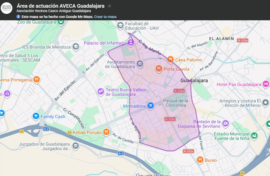 &Aacute;rea de actuaci&oacute;n de la Asociaci&oacute;n de Vecinos del Casco Antiguo//Fuente: AvecaGuada.