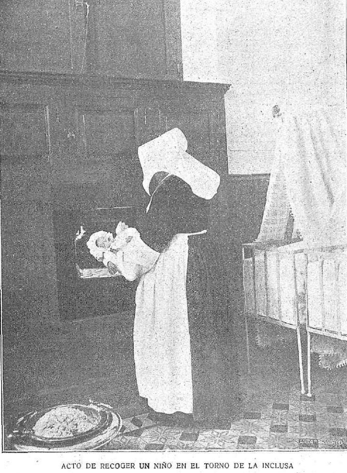 Monja recogiendo a un niño del torno: Revista “Alma española” 7 febrero 1904. Pág. 12//Imagen: Cedida por Pilar Rodrigo.