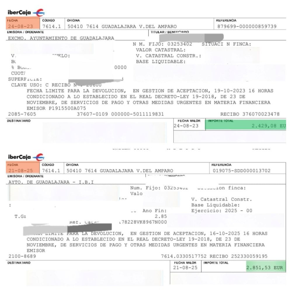 Comparativa de un recibo del IBI antes y después de la subida. Imagen: PSOE Guadalajara
