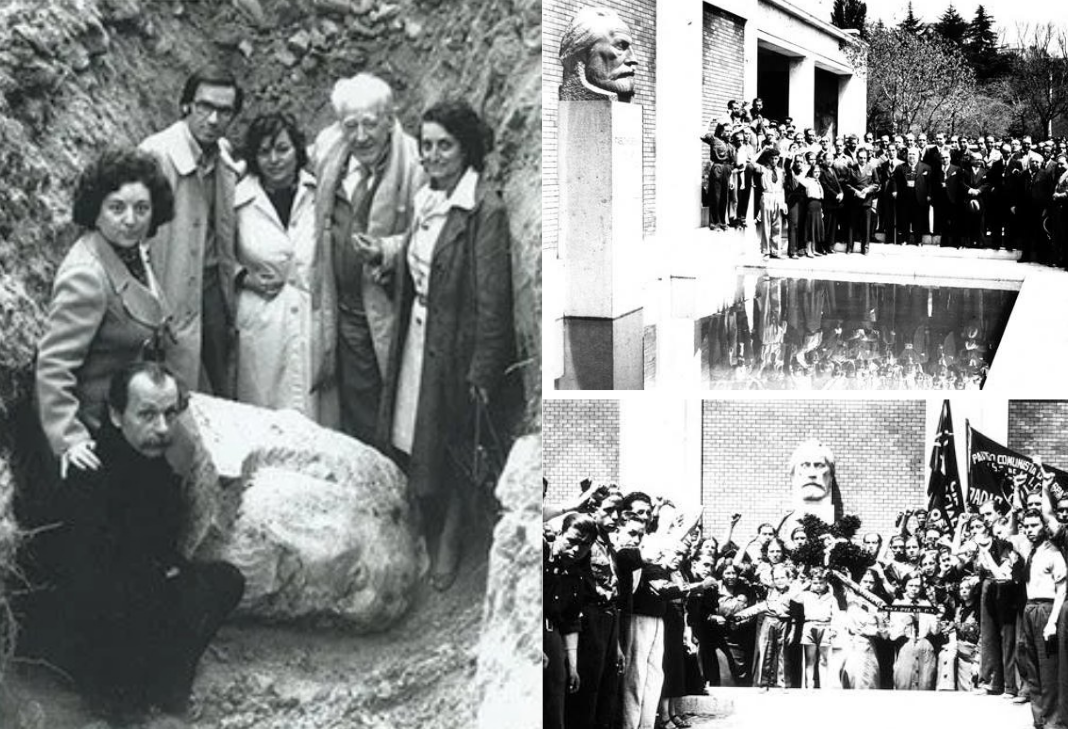 F1: Hallazgo de la cabeza de granito del monumento original en 1979. // Imagen: Fundaci&oacute;n Pablo Iglesias. F2 y F3: Inauguraci&oacute;n del monumento original en el Parque del Oeste en 1936. //Im&aacute;genes: Fotos antiguas de Madrid (Facebook)