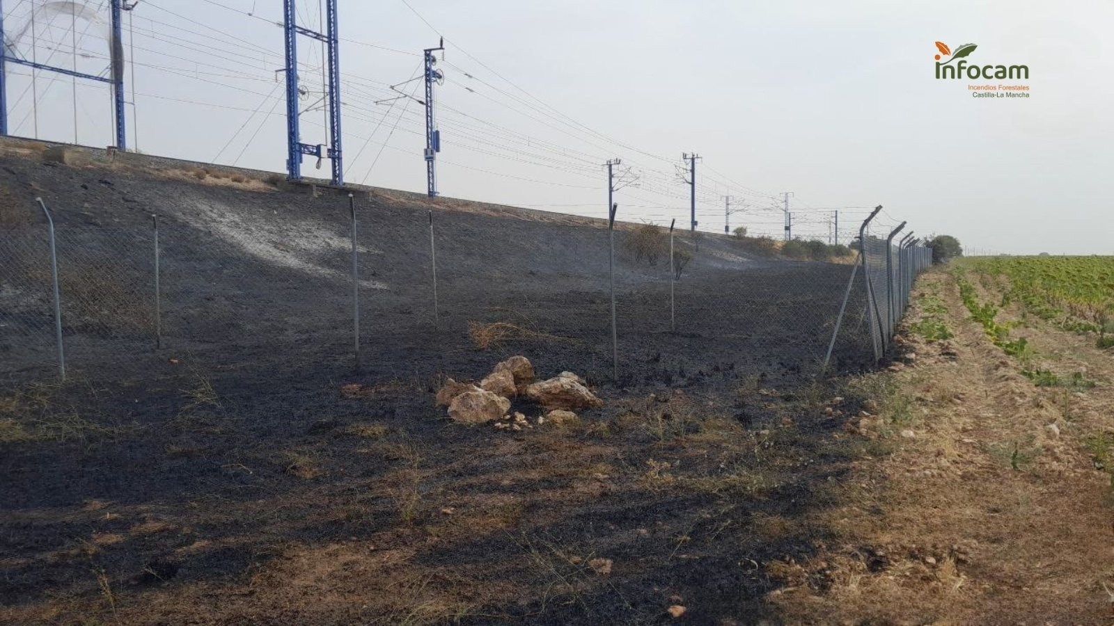 Zona afectada por el fuego junto a las vías de alta velocidad. Imagen: Infocam