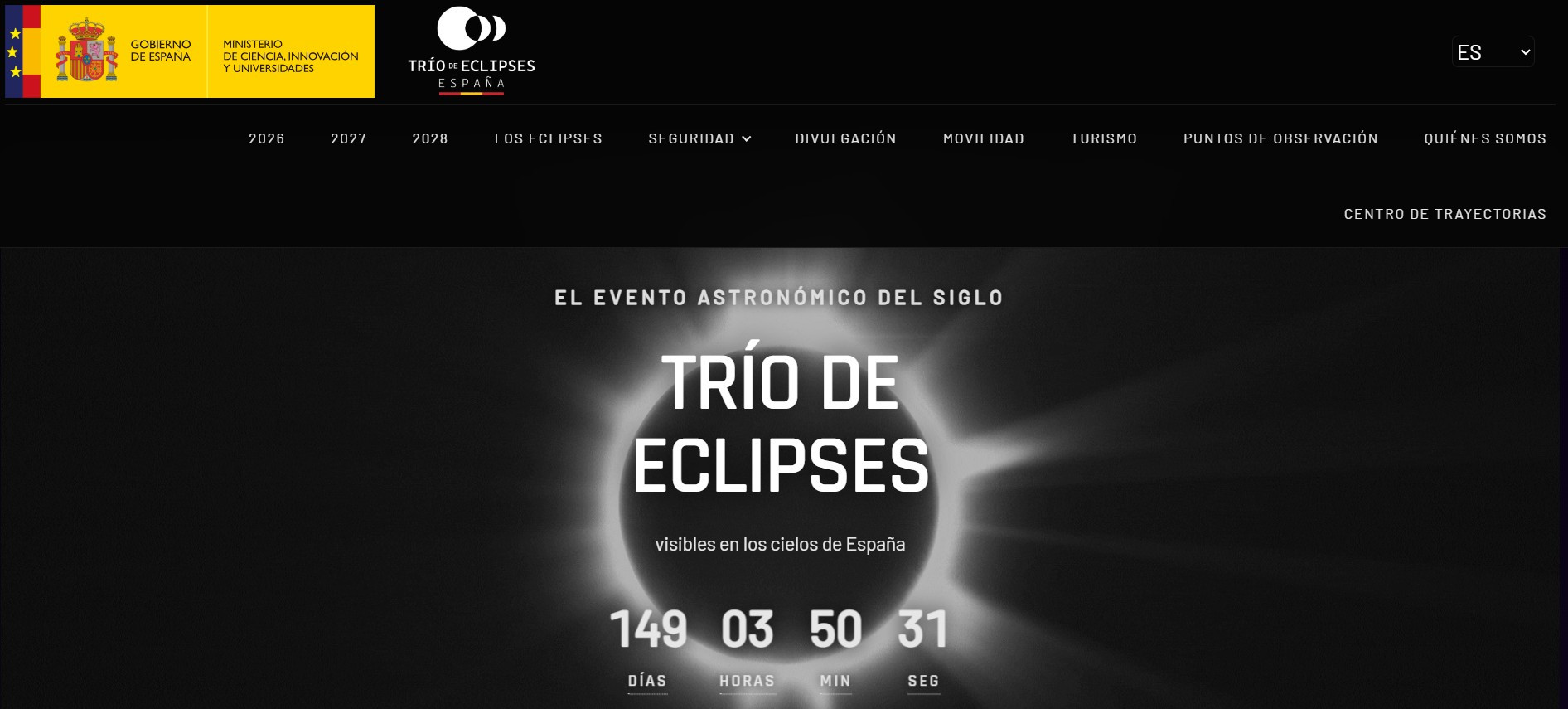 Página web oficial del trío de eclipses//Fuente: Ministerio de Ciencia, Innovación y Universidades.