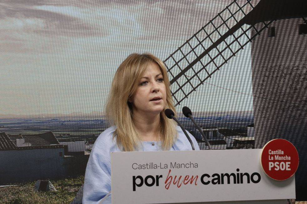 La portavoz del grupo socialista en las Cortes de Castilla-La Mancha, Ana Isabel Abengózar, durante la rueda de prensa//Imagen: PSOE CLM.