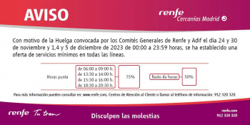 El 75% de los Cercanías estarán operativos en las horas punta de cara a la huelga de mañana viernes
