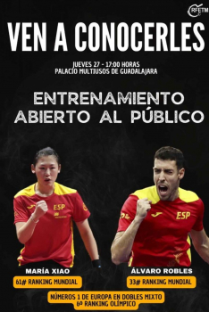 Entrenamiento abierto al público de María Xiao y Álvaro Robles en los Campeonatos de España de Tenis de Mesa en Guadalajara 