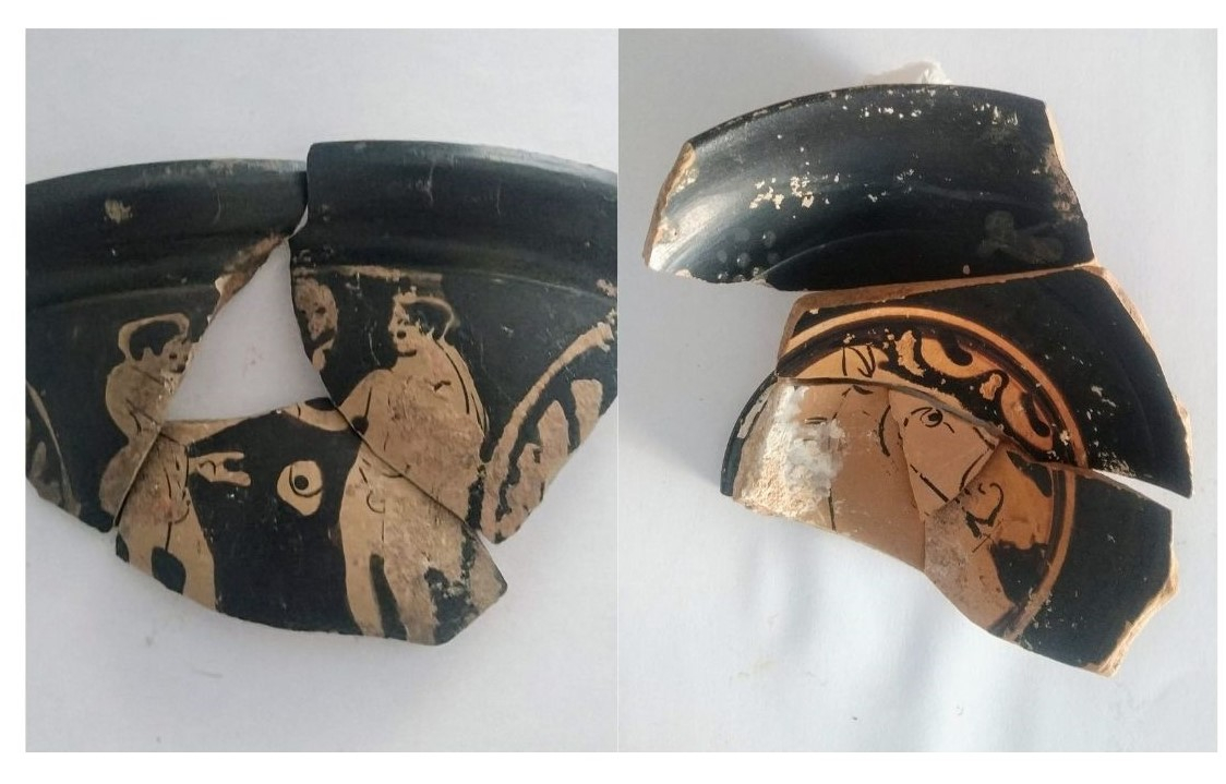 Fragmentos de uno de los skiphos encontrados (izquierda) y de un kylix o copa (derecha).